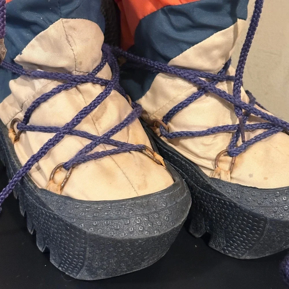 Vintage Moon Boots Retro Chevron Stripe Nylon Platform Snow Boots Women 5-6 XS